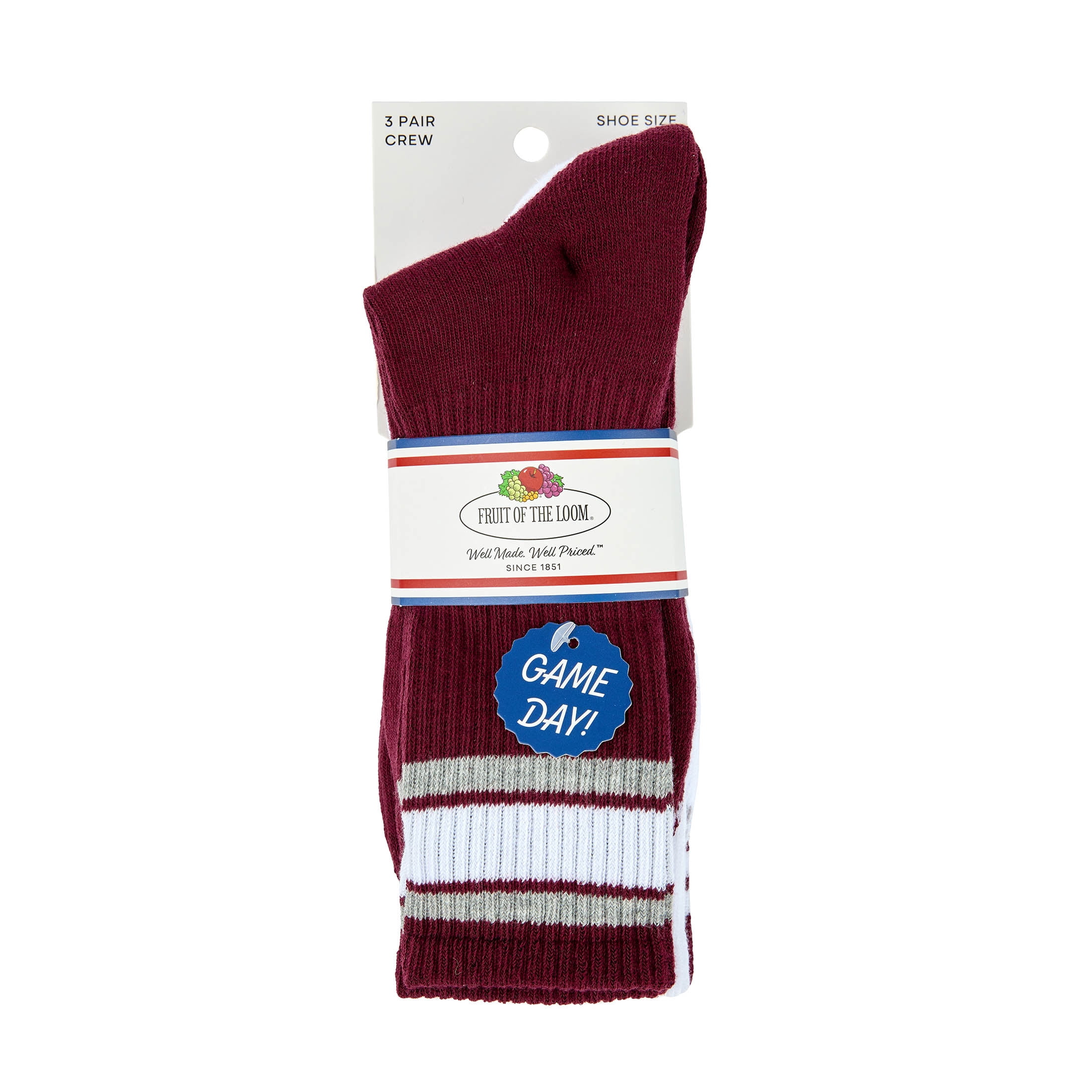 Fruit of the Loom Mens Gameday Crew Socks, 3-Pack, Sock Sizes 6-12