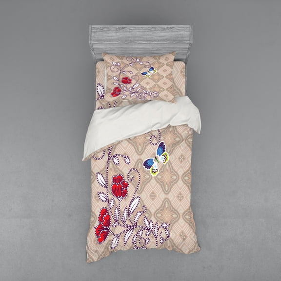 Ambesonne Floral Bedding Set 3 Pcs, Blooming Flower Retro, Twin XL, Multicolor