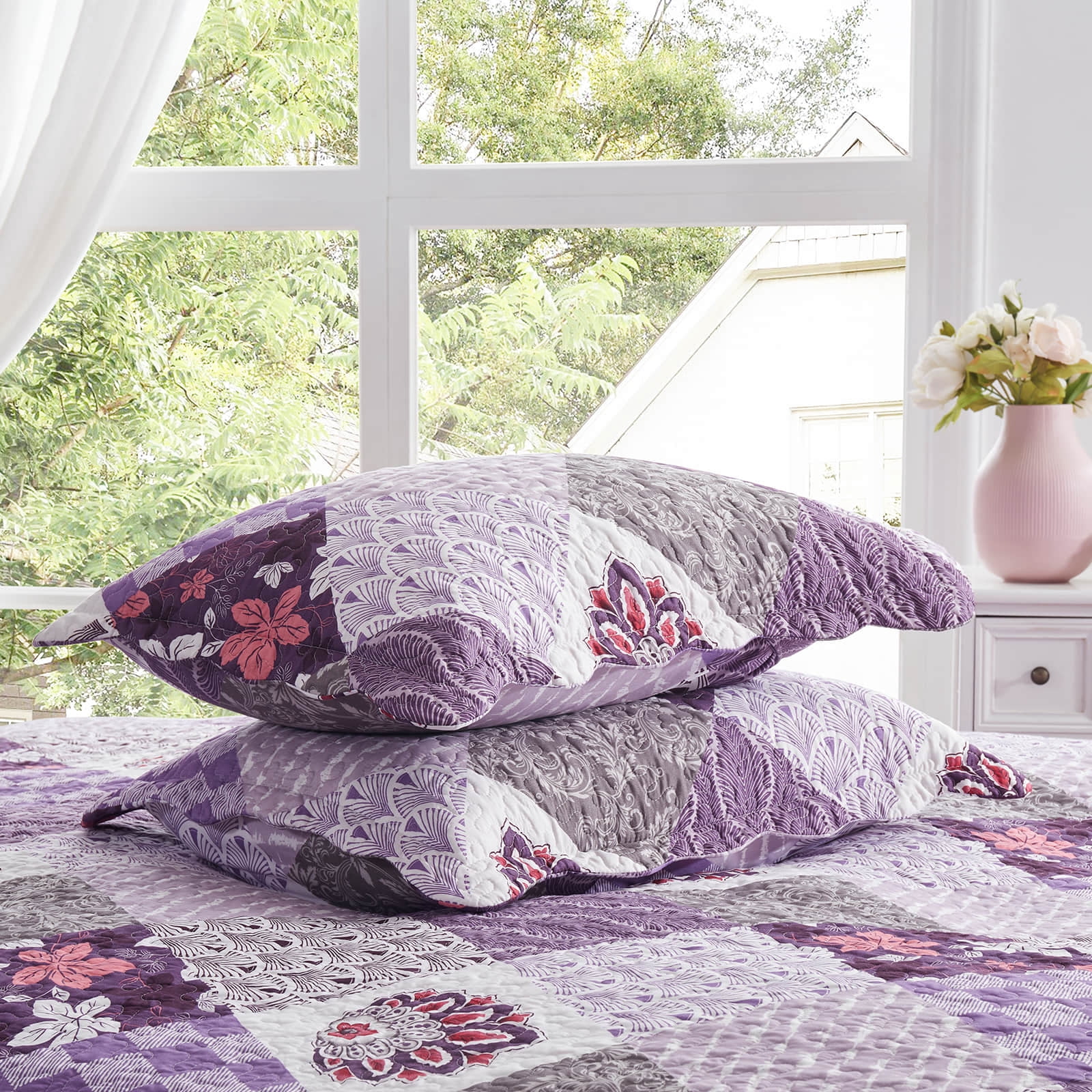 3-Piece Full/Queen Size Quilt Set - Purple Patchwork Bedspread Coverlet with 2 Pillow Shams, Microfiber