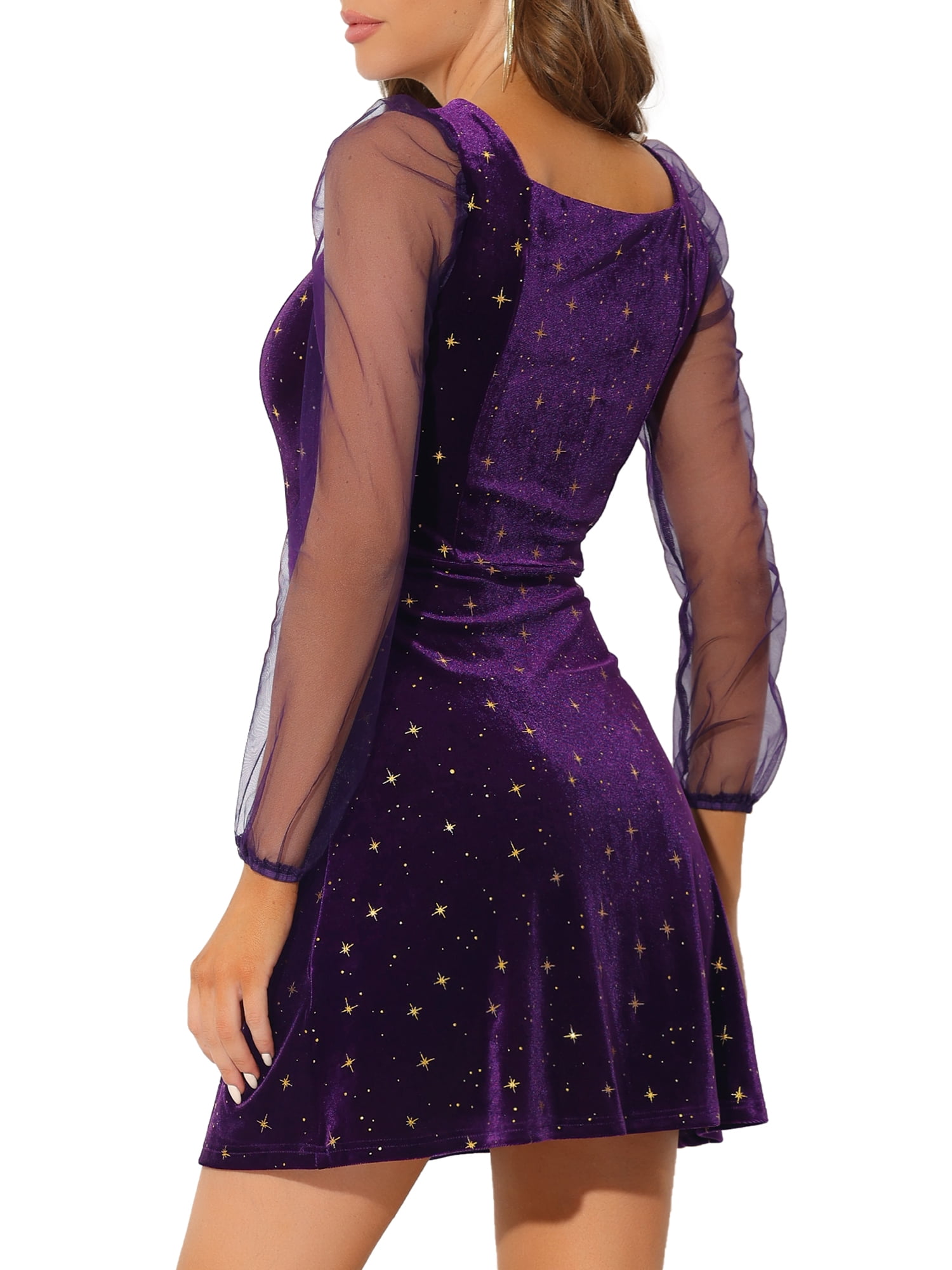 DARING DIVA Square Neck Mesh Sheer Sleeve Glitter Star Velvet Mini Dress XL Purple