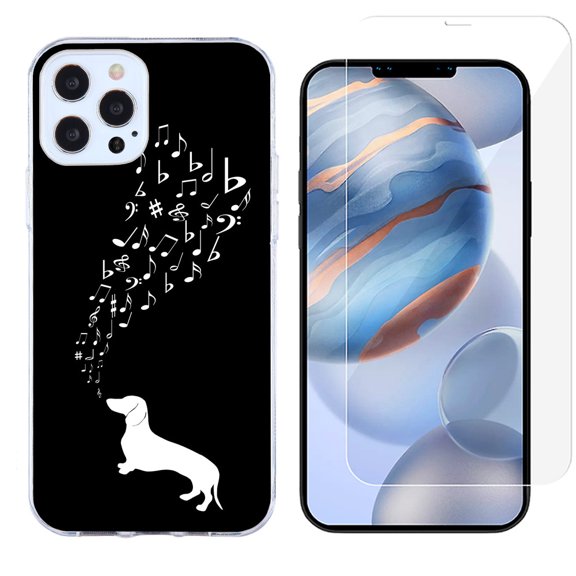 Slim-Fit Protective Phone Case compatible with iPhone 12 Pro Max, with Tempered Glass Screen Protector, by OneToughShield ® - Dachshund/Puppy Music