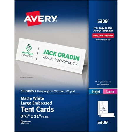 Printable Tent Cards, 3.5" x 11", White with Embossed Border, 50 Blank Place Cards for Laser and Inkjet Printers (5309)
