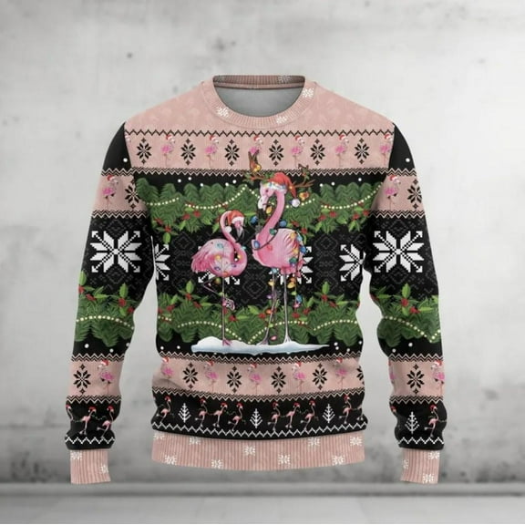 Pink Flamingo Ugly Christmas Sweater, Funny Holiday Sweater, Tropical Xmas Party Outfit, Unisex Winter Knit Jumper, Festive Gift
