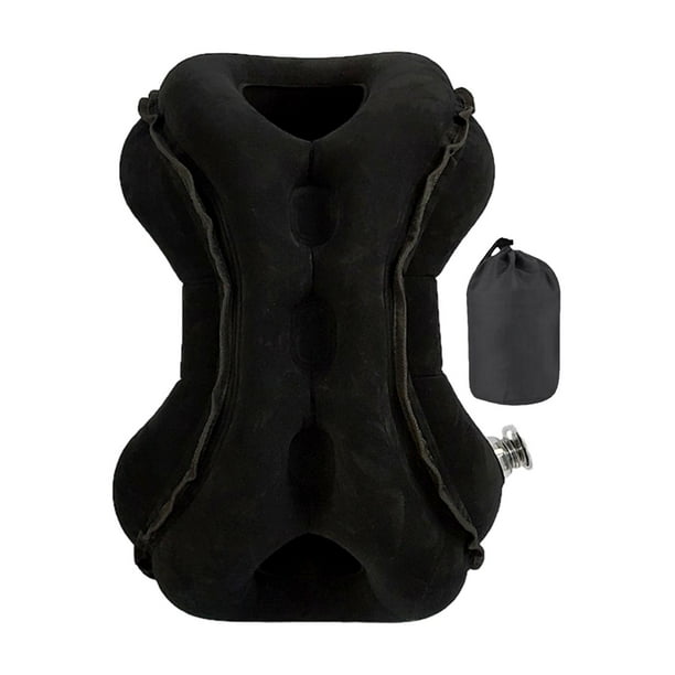Almohada de viaje inflable, almohada de cuello portátil para avión, soporte para cabeza y cuello para Negro con bolso