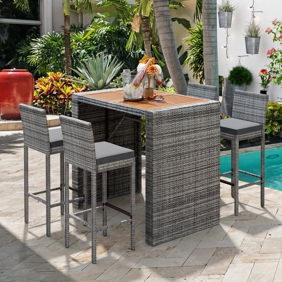 LifeSky 5-Piece Outdoor Wicker Bar Set with 250 lbs Chairs: Quick 30-Min Assembly for Weekend BBQ Parties - 4 Bar Height Stools with Removable Cushions, Acacia Wood Table Top for Patio Garden