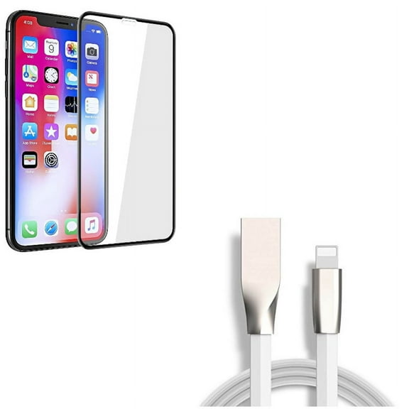 Screen Protector w USB Cable for iPhone XR - Tempered Glass 5D Touch Curved Edge Full Cover, 6ft Flat Charger Cord Power
