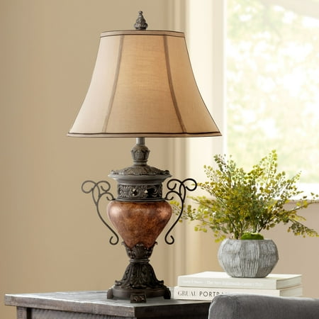 Hand Painted Urn Table Lamp - Regency Hill Traditional Table Lamp Bronze Crackle Urn Faux Silk Bell Shade for Living Room Family Bedroom Bedside Nightstand