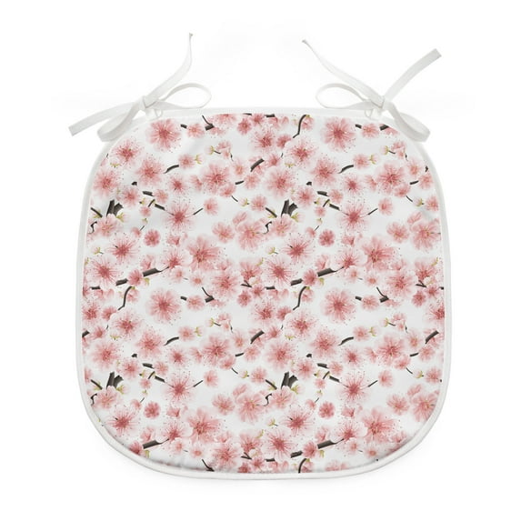 Cherry Blossom Dining Chair Pad, 3D Illustrated Sakura Tree Design with Buds and Multiplexed Stamens, Water Resistant Pillow with Straps for Seats, 2 Pieces Set, Dark Taupe and Rose, by Ambesonne