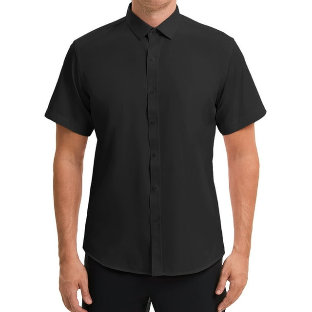 Camisas de vestir de manga corta para hombres, inspiradas en el Día del Padre, con stretch, ligeras, de negocios, sólidas y formales, botón hacia abajo, color negro