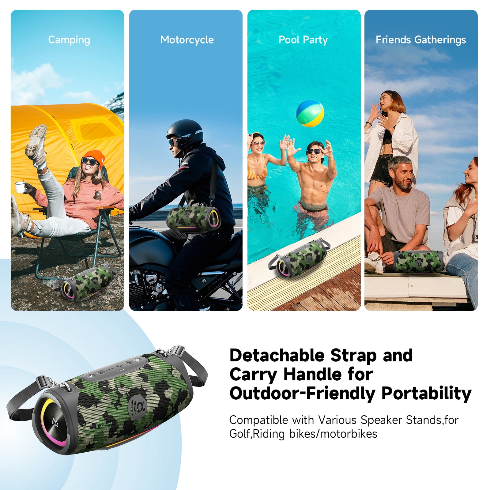 Portable Bluetooth Speaker 80W RMS,120W Peak Loud Subwoofer Wireless Stereo with HD Sound,8H Playtime IPX7 Waterproof for Party cmaping Beach,CAMO