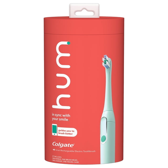 cepillo de dientes eléctrico colgate hum smart recargable teal en empaque tubular rojo con el mango teal frontal, mango sónico ergonómico con botón ovalado y cabezal sustituible, indica funda de viaje y cargador incluidos; adecuado para llevar en viajes cortos.