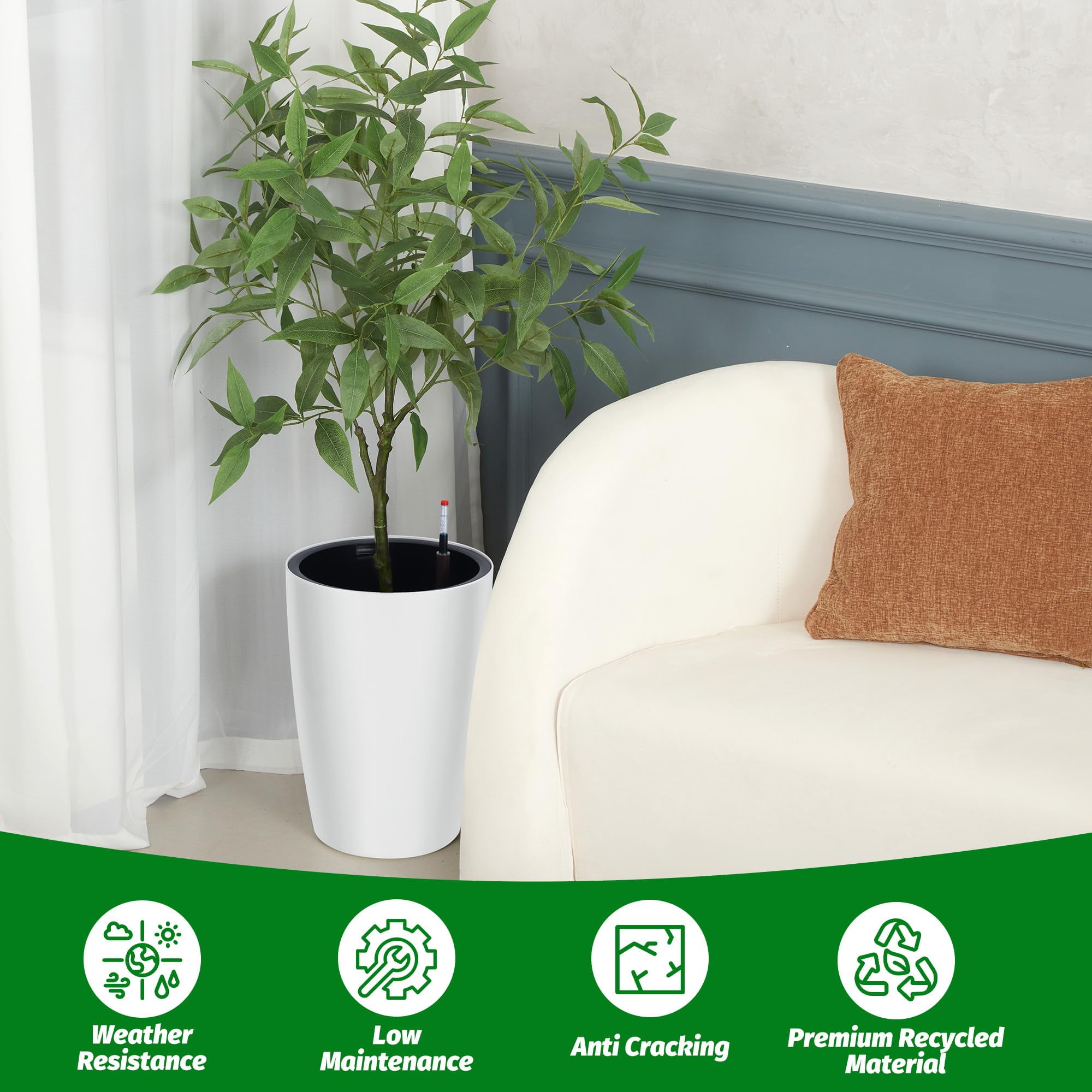 Memoryfield 16" Tall Self-Watering Planter Set 2, Large Plastic Flower Pots with Water Level Gauge, Drainage & Built-in Handle for Indoor Outdoor, White