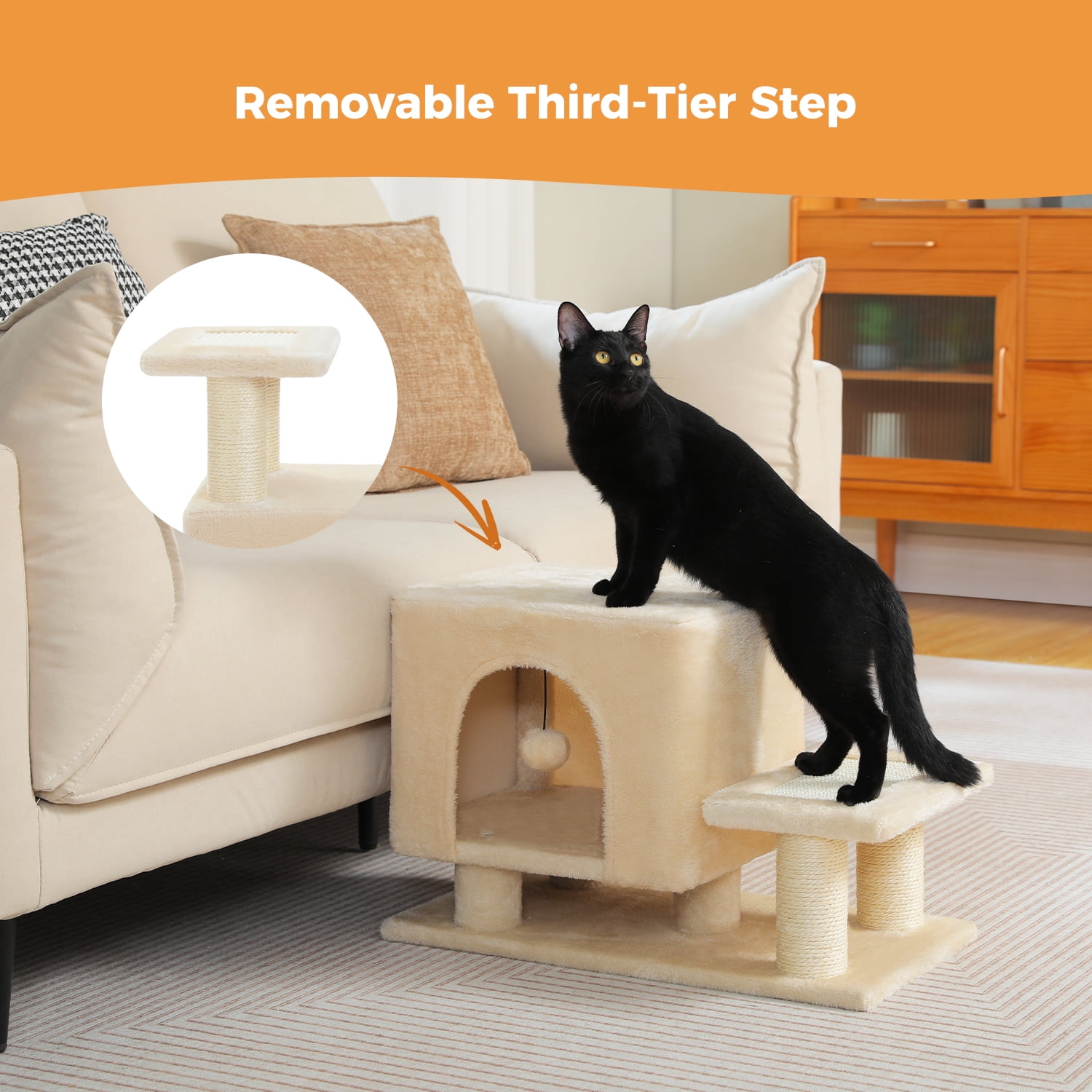 PAWZ Road 21.3" Dog Stairs with Scratching Post 3-Step Pet Stairs with Cat Condo for Small Dog Beige