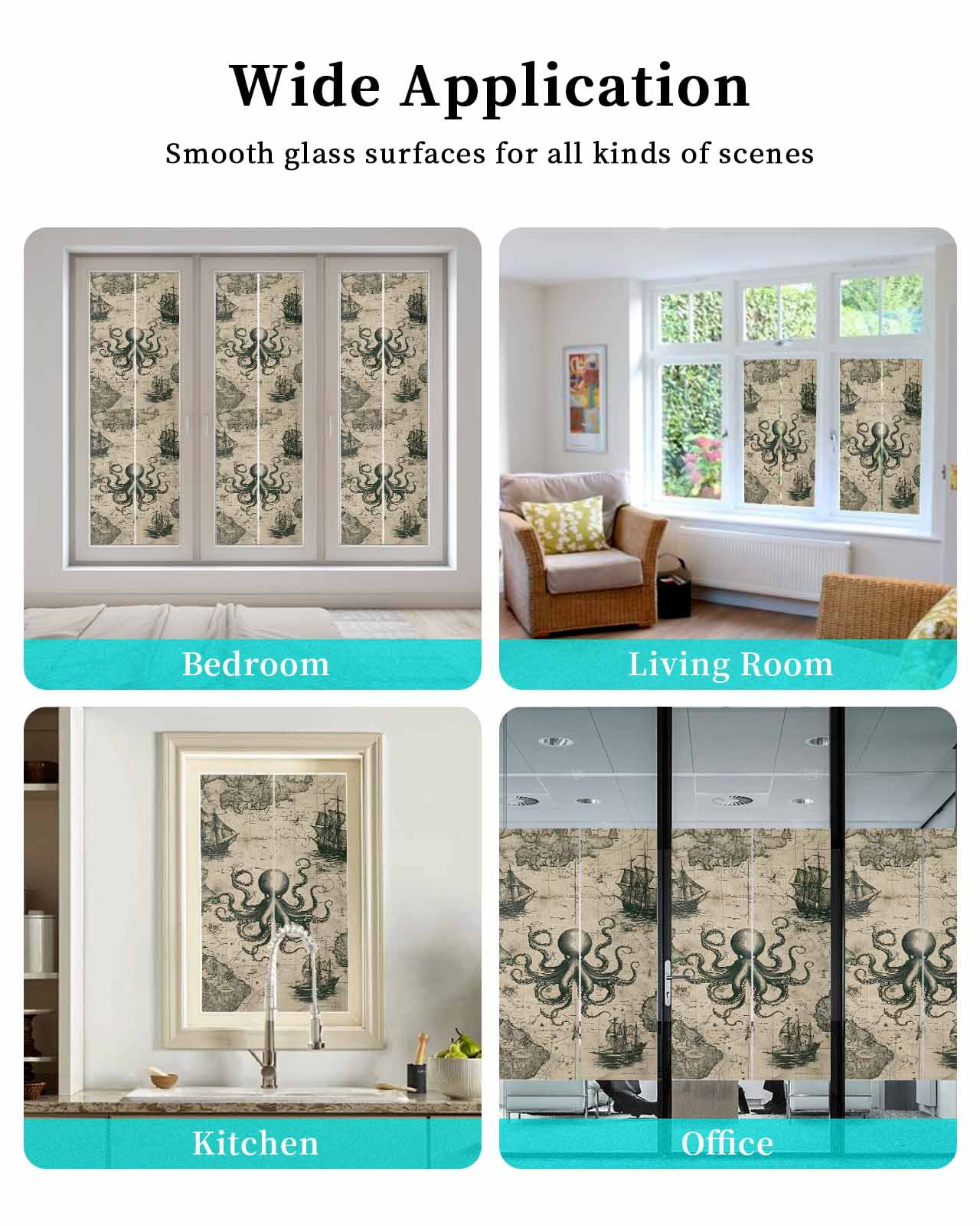Window Privacy Film Medieval Octopus Stained Glass Window Film Decorative Sun Block Window Cover Vintage Nautical Boat Retro Map Window Clings Static Adhesive Sticker for Bathroom 35.4"x78.7"