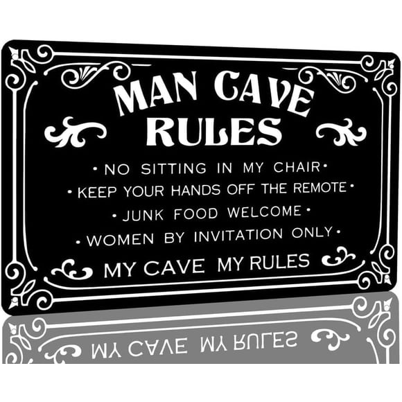 Panneau Mural Rétro en Métal Man Cave Rules pour Maison Bar Salle de Jeux Garage sous-Sol Salle de Divertissement Décoration Murale 8x12 Pouces