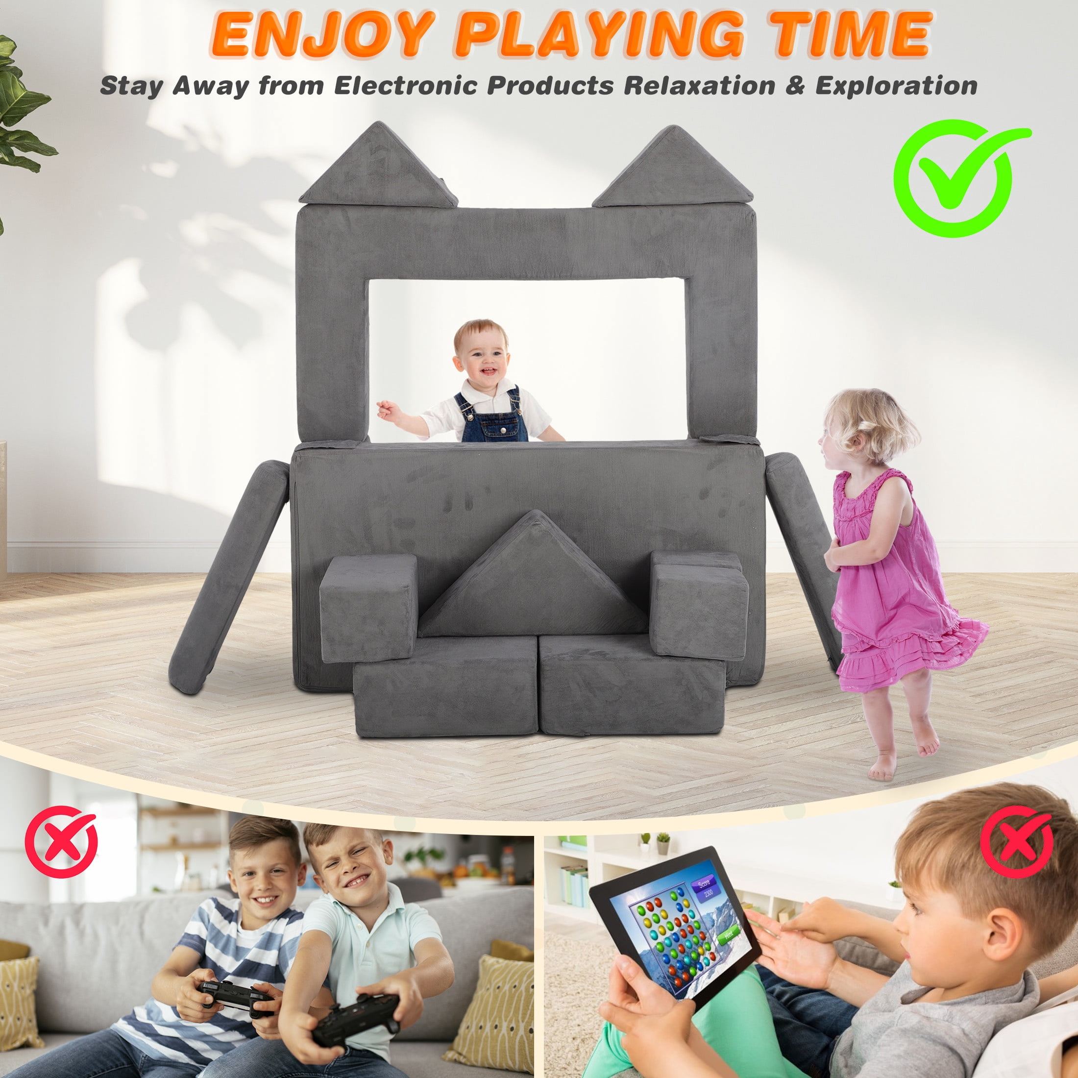 HSUNNS Modular Kids Couch Play Set, 12 PCS Indoor Sponge Sofa for Playroom and Living Room, Gray