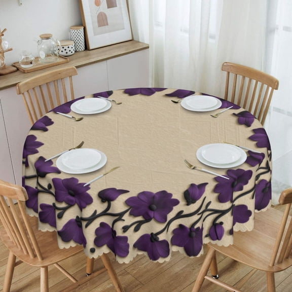 Dark Purple Dried Flower Wreath Round Tablecloth Waterproof Oil Proof Spill Proof Table Cloth 70" for Camping, Dining, Indoor and Outdoor Table Cover