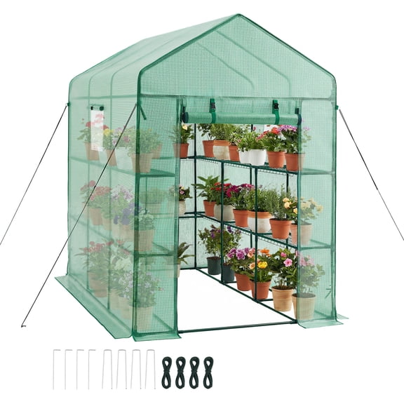 KFFKFF Walk in Greenhouse, 54" x 81.1" x 77.2" Outdoor Greenhouse with Windows, PE Cover, 2-Tier 14-Shelf Design, Roll-Up Zipper Door, Portable Garden Hot House for Plants in Backyard