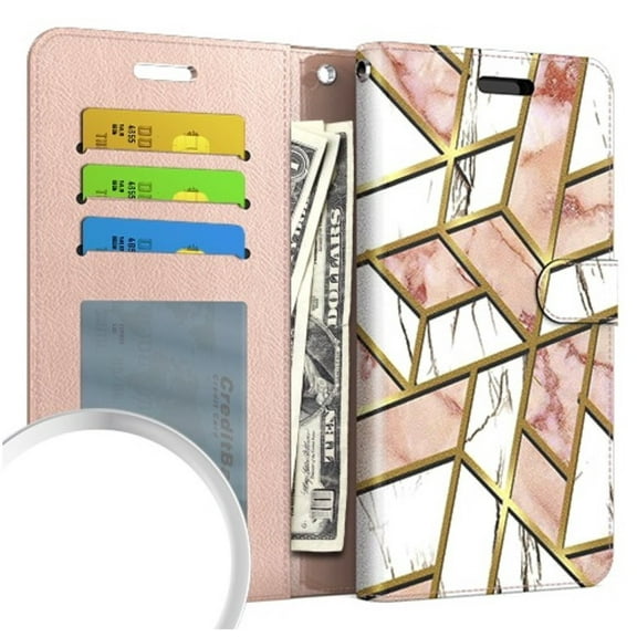 For Motorola Moto G Go XT2163-7 Wallet Pouch Cover Cellphone Case   Tempered Glass - Marble Pink