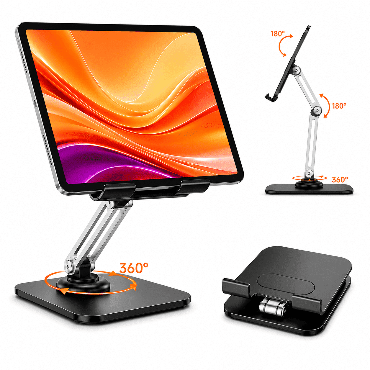 Tablet Stand for Desk, 360° Rotating Foldable iPad Holder with Adjustable Height & Angle for 4.7–12.9 Inch Phones, Tablets, Kindle
