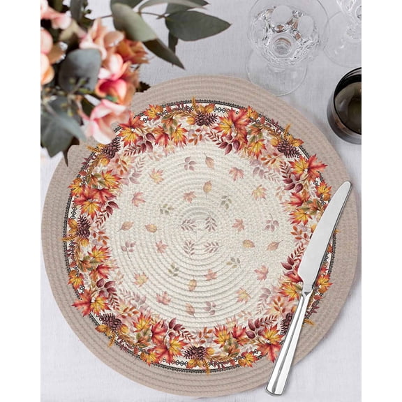 15 Inch Round Placemats Set of 6, Maple Leaves Fall Non Slip Heat Insulation PP Table Mats, Thanksgiving Botanical Autumn Leaf Rustic Washable Place Mats for Kitchen Dining Party Table Decor
