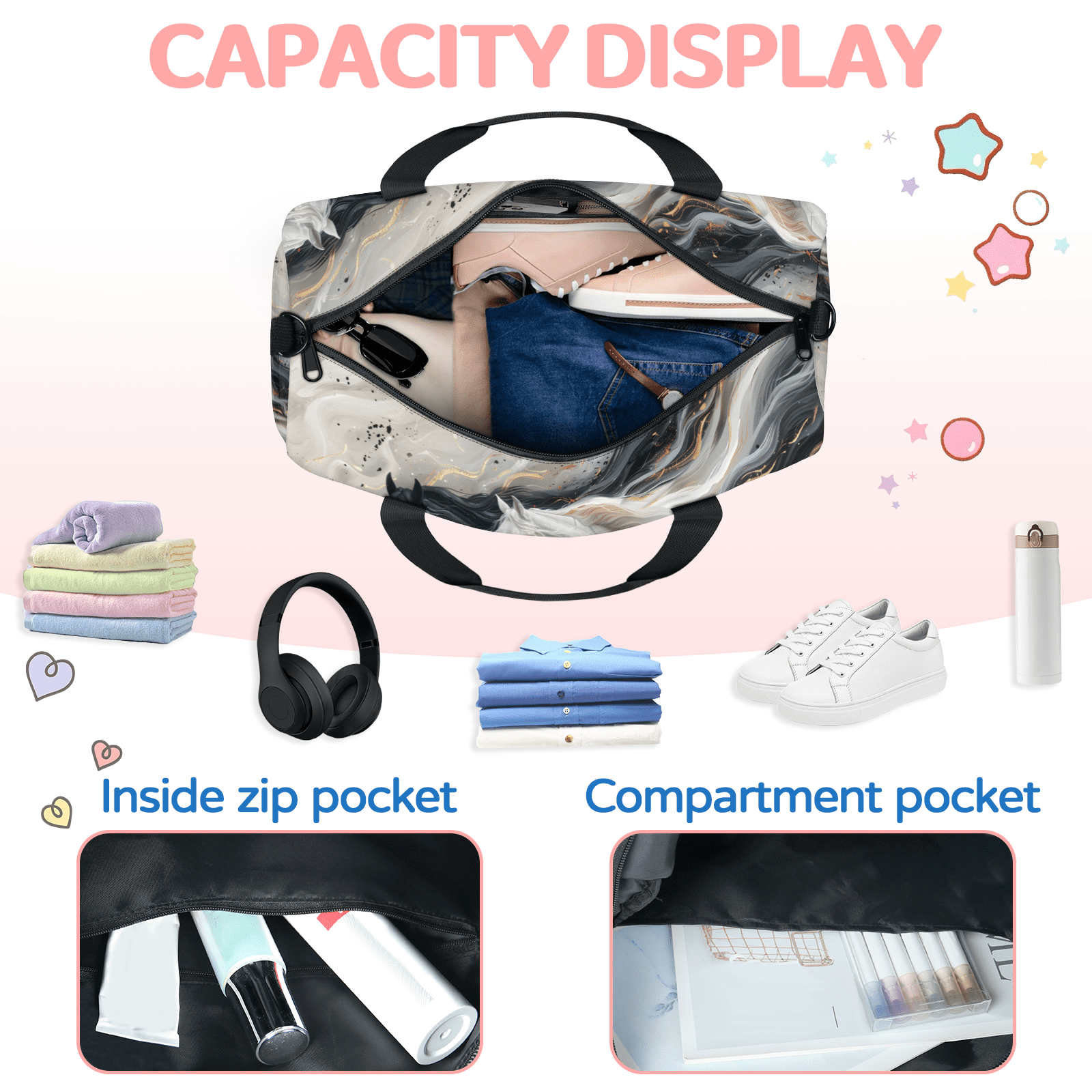 Herdesigns Horse Travel Duffle Bag Sports Yoga Weekender Overnight Carry on Workout Bags Lightweight Waterproof Gym Tote Bag for Women Marble