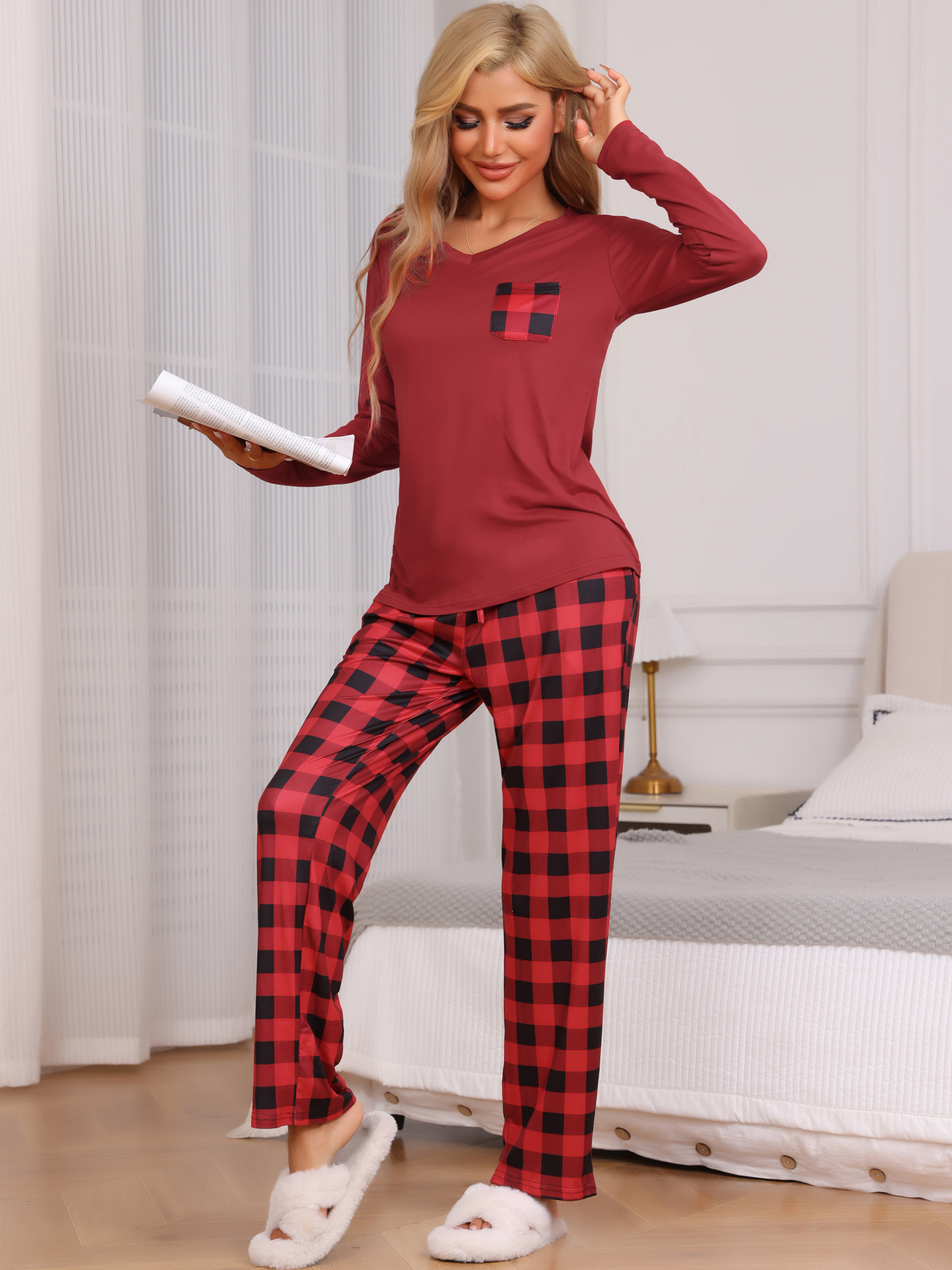 DARING DIVA Women's  Long Sleeve Plaid Soft Fall Pajama Set with Pockets S Red