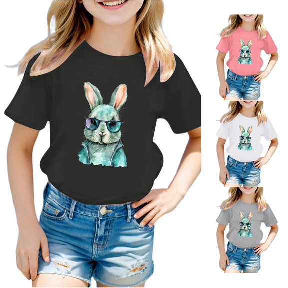 Toddler Girls Short Sleeve Shirts Summer Tops Easter Cute Bunny Rabbit Graphic Tees Tops Size 4-5T ,Black