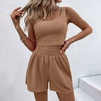 LADIGASU Women's Spring And Summer Solid Tank Top Shorts Two Piece Casual Home Set