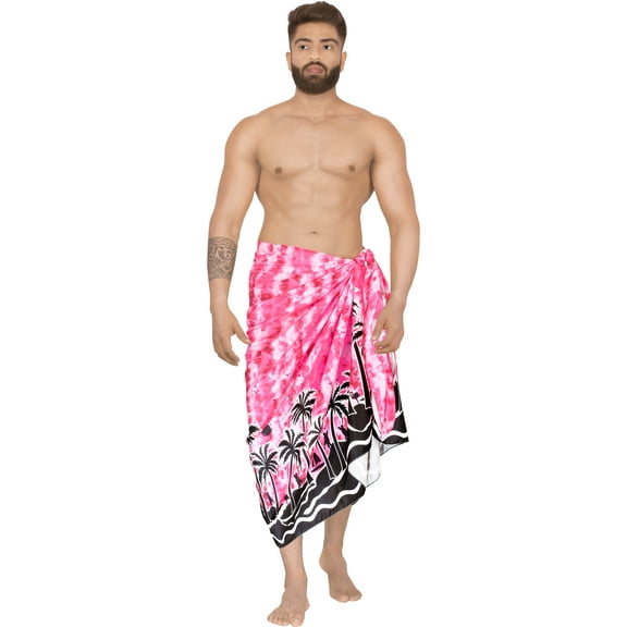 HAPPY BAY Men's Pareo Swim Trunk Vacation Sarong Beach Wrap One Size Fuscia, Palm View Summer Vacation Party