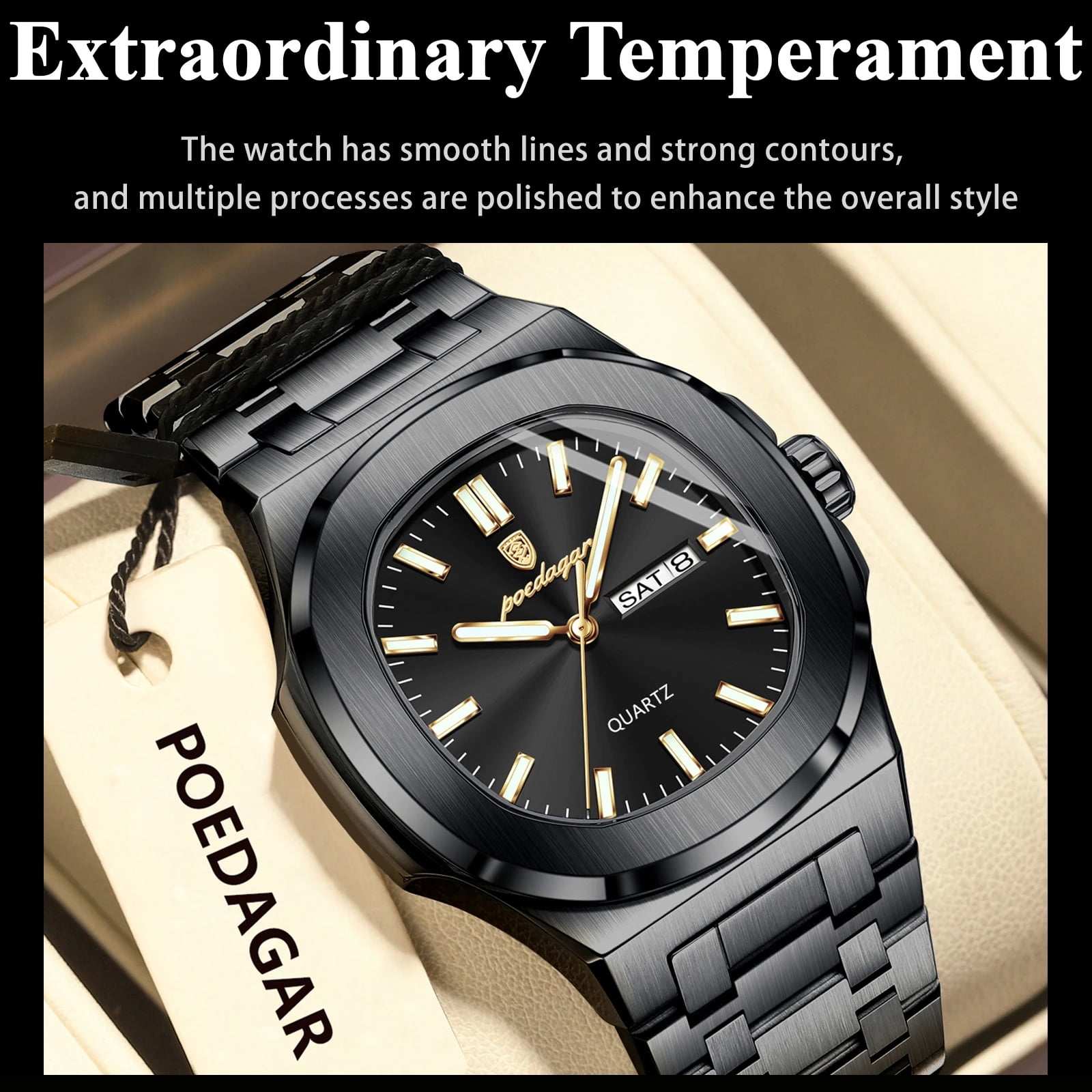 POEDAGAR Luxury Man Watch Square Waterproof Luminous Date Week Stainless Steel Quartz Men's Watches