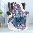 thumbnail image 4 of Hamsa Soft Flannel Fleece Throw Blanket, Ottoman Paisleys Swirls and Hand Motif with Timeless Importance Oriental Mysticism, Cozy Plush for Indoor and Outdoor Use, 50" x 70", Multicolor, by Ambesonne, 4 of 5