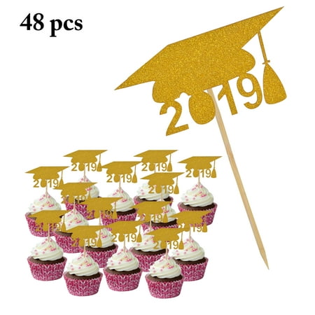 48PCS 2019 Graduation Cake Topper, 2019 Doctorial Hat Cupcake Topper Cake Decoration Graduation Party Supplies(Black/Golden)