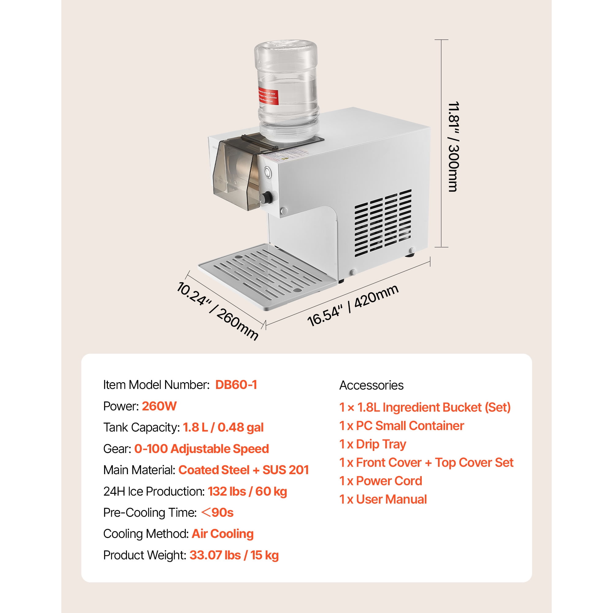 Snowflake Electric Snow Cone Machine - 132LBS/Day Stainless Steel, 0.48Gal