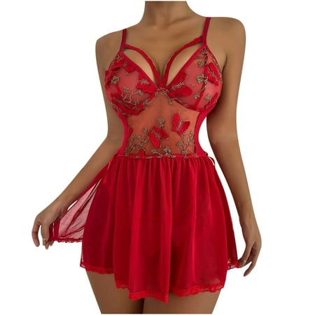 

REORIAFEE Women Sexy Teddy Nightgown Fashion Sexy Lingerie Lace Embroidery Mesh Cami Dress Babydoll Underwear Sleepwear Nightdress Wine M