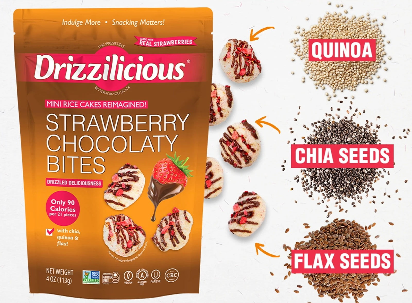 Drizzilicious Strawberry Chocolaty Bites, Mini Rice Cakes 4 oz