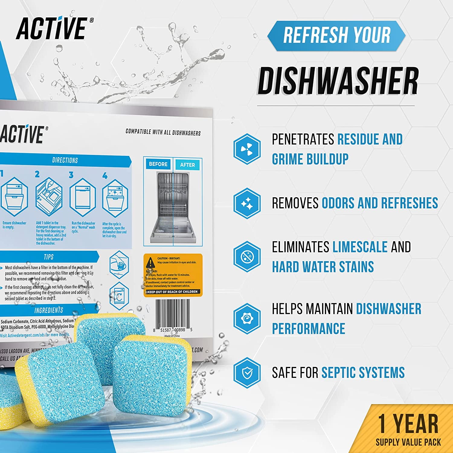 Active Washing Machine and Dishwasher Cleaner Tablets, 48 Ct, 12 Mo Supply