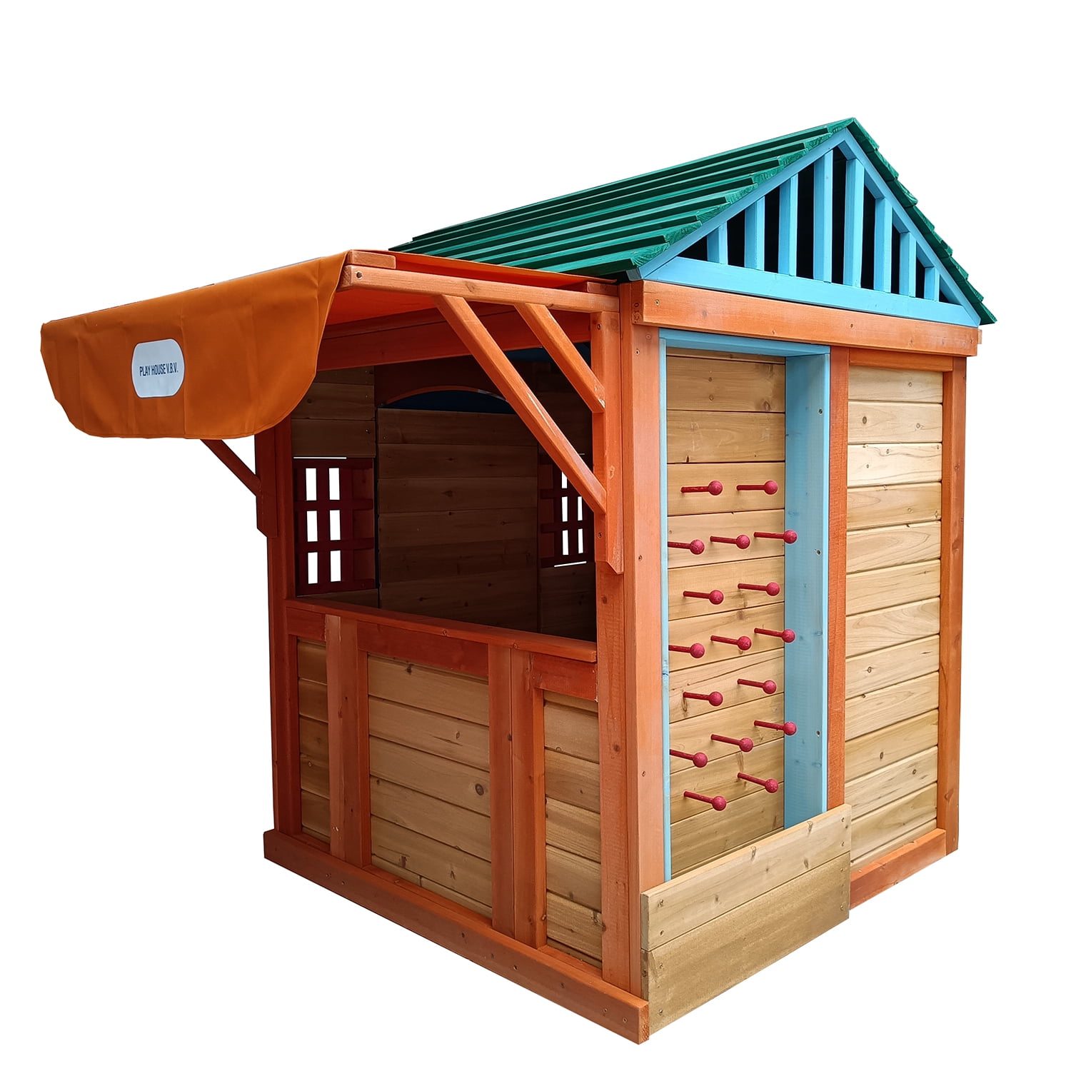 Kadyn 64.17" Outdoor Wooden 4-in-1 Game House, Outdoor Playhouse for kids garden playhouse with different games on every surface, Golden