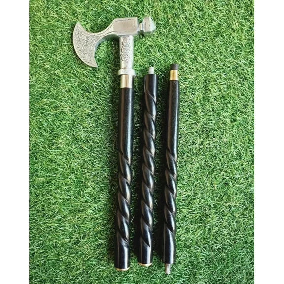3-Fold Twisted Black Wooden Cane with Viking Axe Designer Handle – Victorian-Style Walking Stick for Men – Collectible Folding Cane