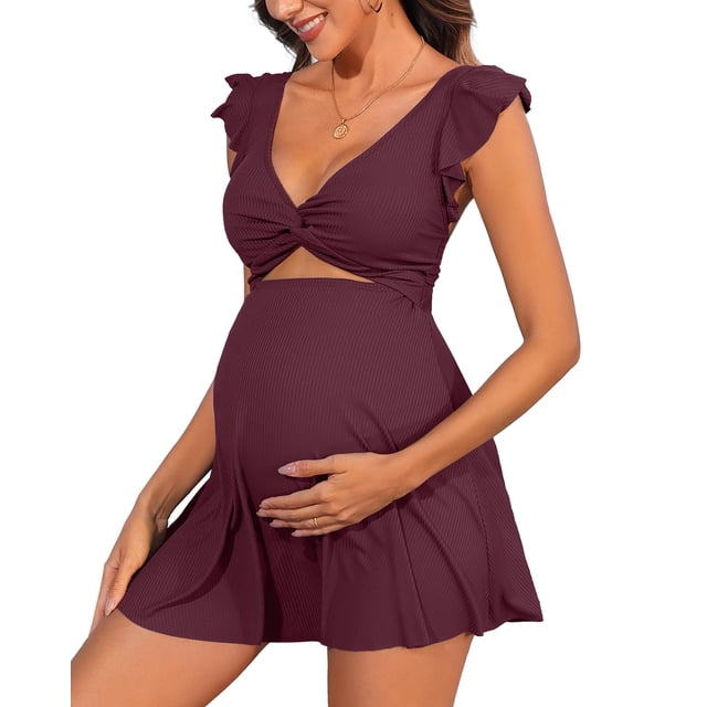 Vestido de baño para maternidad Charmo, talla grande, rojo oscuro, 2XL