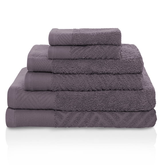 Basket Weave Egyptian Cotton 500 GSM Jacquard and Solid Combo 6-Piece Towel Set, 2 Face, 2 Hand, and 2 Bath Grey