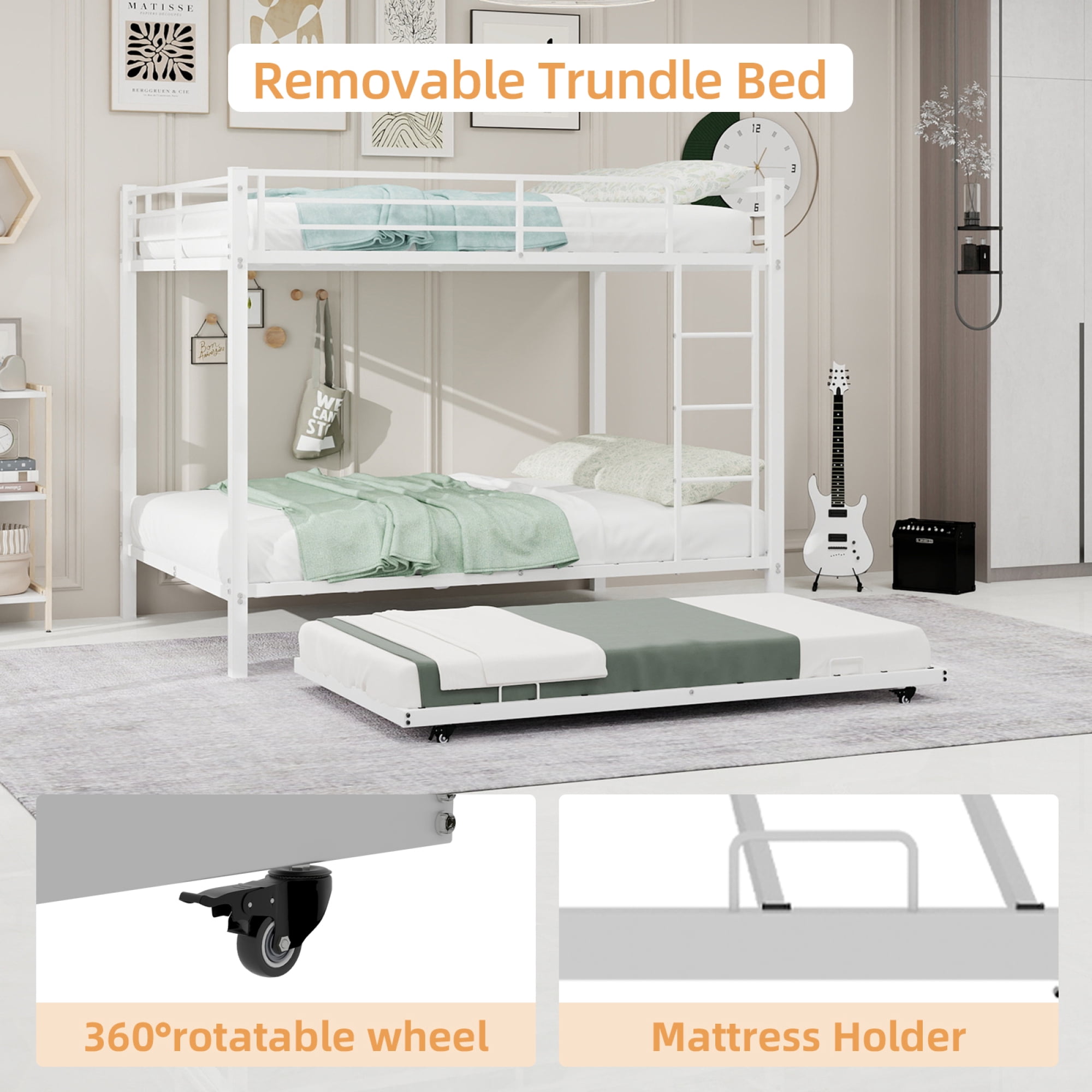 Full over Full Size Bunk Bed with Trundle, Heavy-Duty Metal Bunk Bedframe with Ladder and Full-Length Guardrails for Kids Teens Adults, No Box Spring Needed