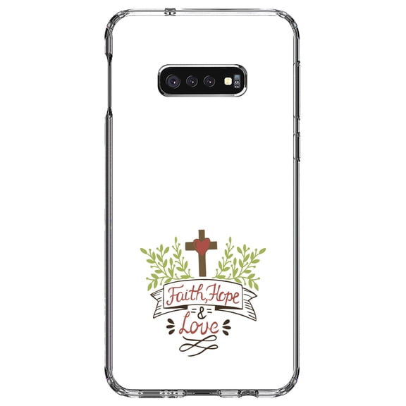 DistinctInk Clear Shockproof Hybrid Case for Samsung Galaxy S10e (5.8" Screen) - TPU Bumper, Acrylic Back, Tempered Glass Screen Protector - Faith, Hope & Love - Cross & Leaves