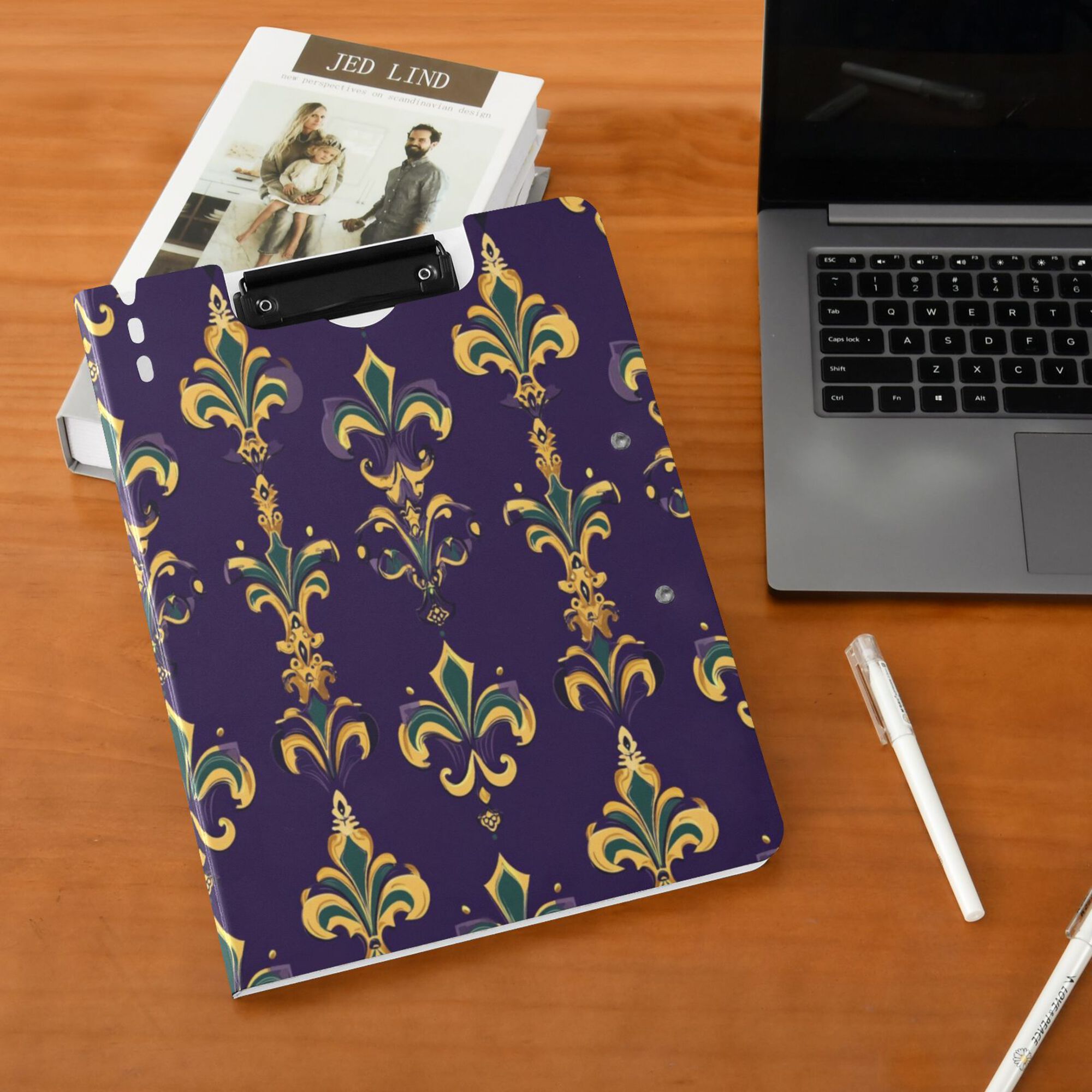 FORMRS A4 Clipboard Folder with Pen Holder Horizontal Foldable School Office Binder, Purple Flowers Pattern