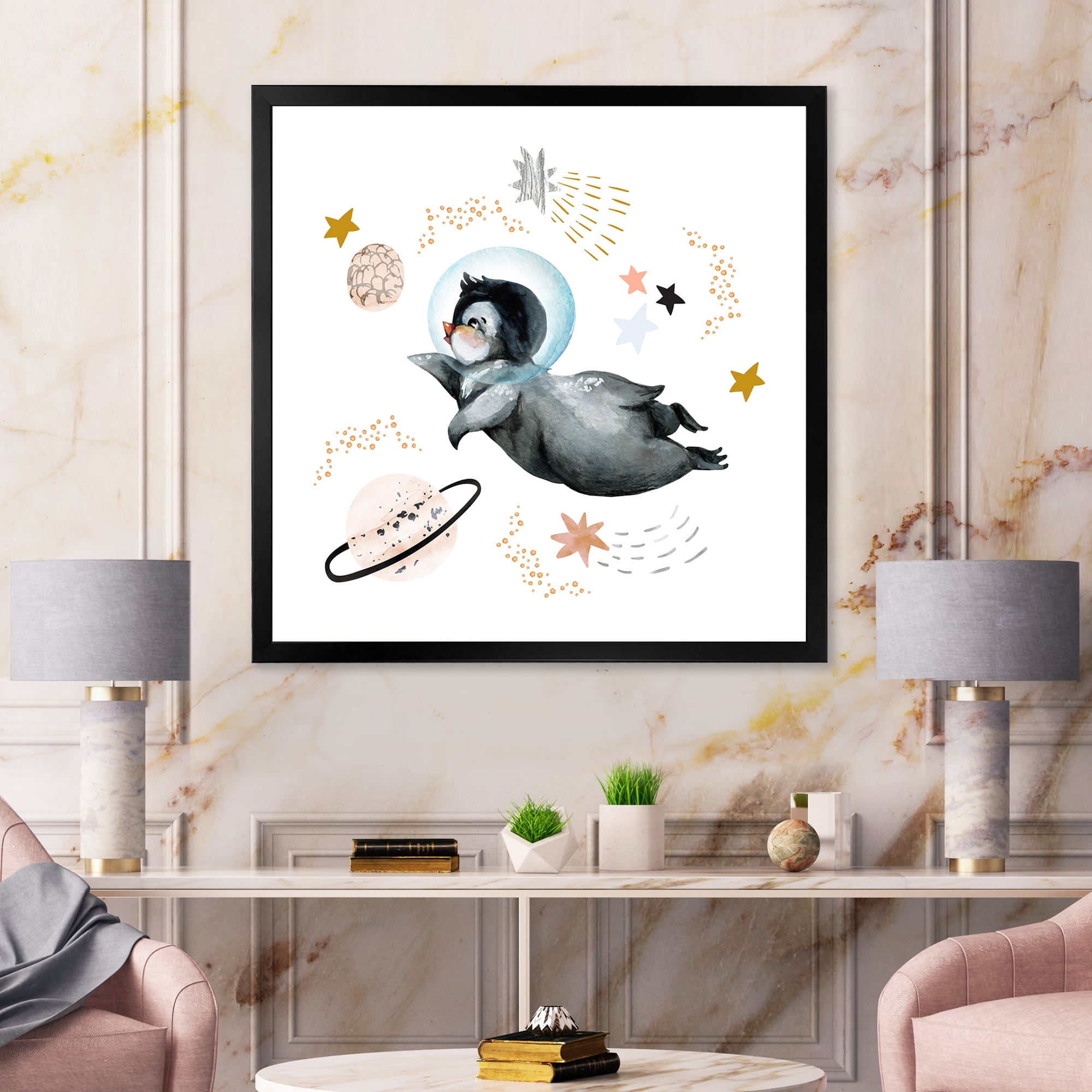 Designart 'Little Penguin Flying Planets and Stars II' Farmhouse Framed Art Print