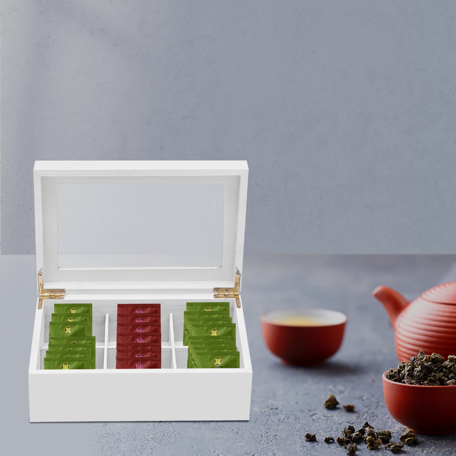 YIYIBYUS Wooden Tea Box Organizer Tea Bag Holder Tea Caddy Chest Storage Containers with Clear