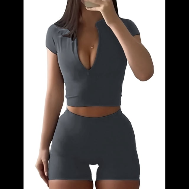 Conjunto de Yoga para Mujer, 2 Piezas, Pantalones Cortos de Cintura Alta Sin Costuras, Chándal para Mujer, Conjunto de Ejercicio. Gris XL