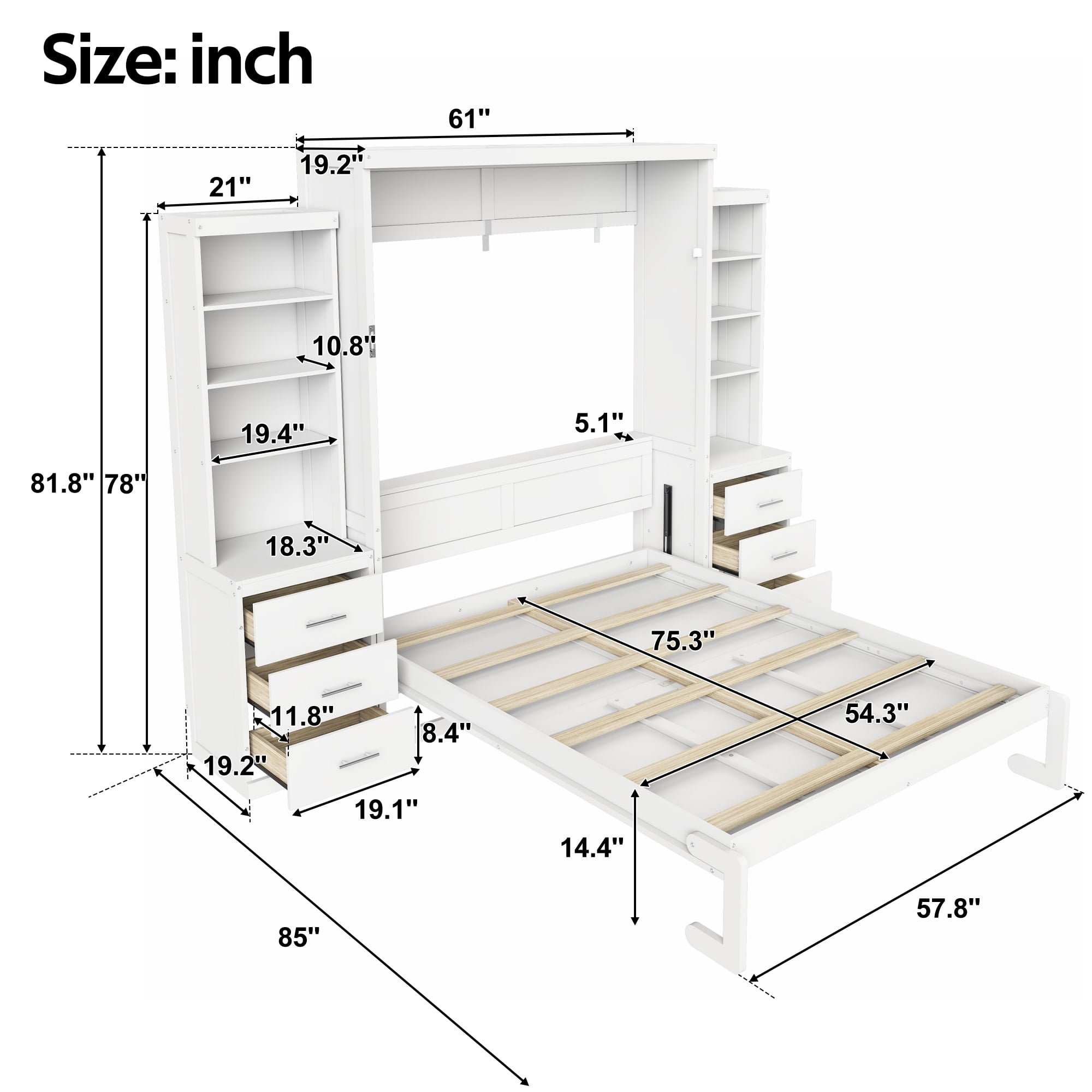 Full Size Murphy Bed with Dual 4 Storage Shelves and 3 Drawers Cabinet for Space-Saving Guest Room