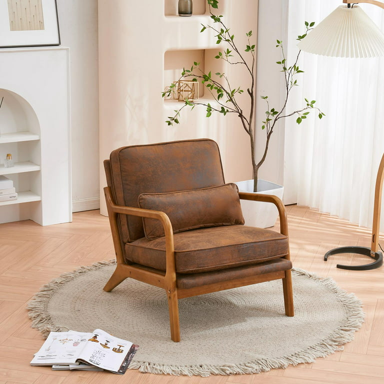 UBesGoo Modern Wood Club Chair Solid Upholstered Chair Fabric Wood Reading Brown Bronzing Accent Frame with Cloth
