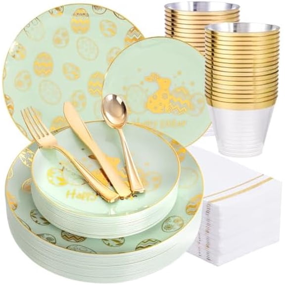 175Pcs Easter Plates and Napkins Disposable - Green and Gold Plastic Dinnerware Set for 50 guests include 50 Plates 25Cups 25Plastic Silverware 25Napkins Perfect for Easter Party